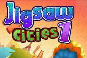 Farebný nápis „Jigsaw Cities 1“ na pozadí puzzle s panorámou mesta