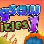 Farebný nápis „Jigsaw Cities 1“ na pozadí puzzle s panorámou mesta