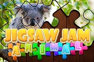 Puzzle dieliky prekryté obrazom koaly s farebným nápisom Jigsaw Jam Animal v popredí