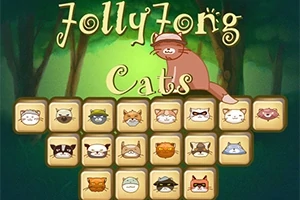 Lesná scéna s textom Jolly Jong Cats a dlaždicami s obrázkami mačiek v rôznych hlavičkách