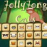 Lesná scéna s textom Jolly Jong Cats a dlaždicami s obrázkami mačiek v rôznych hlavičkách