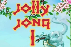 Text „Jolly Jong I“ na modrom pozadí s kvetmi a kresleným drakom