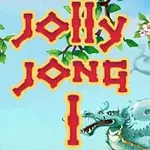 Text „Jolly Jong I“ na modrom pozadí s kvetmi a kresleným drakom