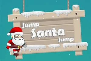 Santa v červenom obleku stojaci vedľa drevenej tabule s nápisom Jump Santa Jump pokrytej snehom