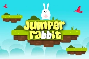 Biely zajac sedí na plávajúcej platforme s nápisom Jumper Rabbit na modrom pozadí s červenými vtákmi