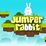 Biely zajac sedí na plávajúcej platforme s nápisom Jumper Rabbit na modrom pozadí s červenými vtákmi