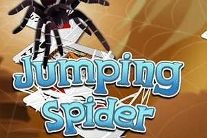 Pavúk lezie po hromade hracích kariet s výrazným nápisom Jumping Spider