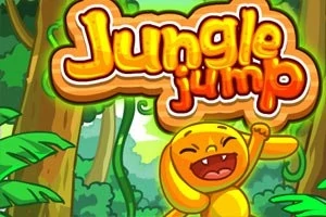 Farebný kreslený obrázok s veselou žltou postavičkou v džungli s nápisom Jungle Jump