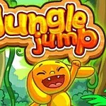 Farebný kreslený obrázok s veselou žltou postavičkou v džungli s nápisom Jungle Jump