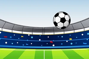 Ilustrácia futbalovej lopty na štadióne so zeleným trávnikom a modrou tribúnou