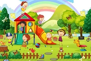 Deti hrajúce sa na ihrisku s preliezkami, šmykľavkou a hračkami, obkolesené prírodou s dúhou na oblohe