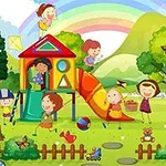 Deti hrajúce sa na ihrisku s preliezkami, šmykľavkou a hračkami, obkolesené prírodou s dúhou na oblohe