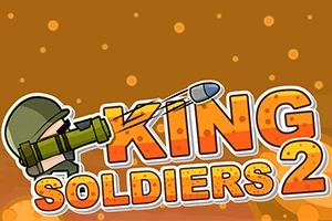 Ilustrácia vojaka s helmou mieriaceho z raketometu nad nápisom King Soldiers 2 na oranžovom pozadí s bublinami