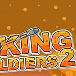 Ilustrácia vojaka s helmou mieriaceho z raketometu nad nápisom King Soldiers 2 na oranžovom pozadí s bublinami