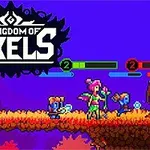 Pixel artová scéna s tromi postavami na plošine, s logom a farebnými panelmi statusu hore
