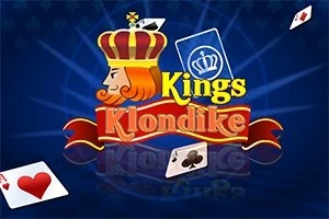 Krátka kreslená postava kráľa s korunou je obklopená hracími kartami s textom Kings Klondike na modrom pozadí