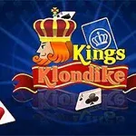 Krátka kreslená postava kráľa s korunou je obklopená hracími kartami s textom Kings Klondike na modrom pozadí