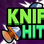 Nápis KNIFE HIT 2 v zelenej a červenej farbe na tmavofialovom pozadí s dvomi nožmi po stranách