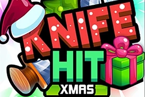 Text „KNIFE HIT XMAS“ je zobrazený na farebnom pozadí s obrázkami noža, vianočného darčeka a čiapky Santa Clausa