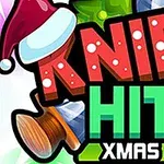 Text „KNIFE HIT XMAS“ je zobrazený na farebnom pozadí s obrázkami noža, vianočného darčeka a čiapky Santa Clausa