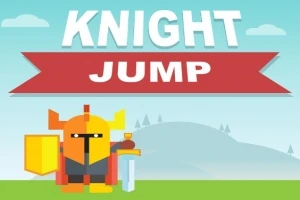 Rytier v oranžovo-žltom brnení držiaci meč a štít, s nápisom Knight Jump na oblohe