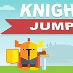 Rytier v oranžovo-žltom brnení držiaci meč a štít, s nápisom Knight Jump na oblohe
