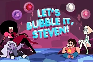 Štyri kreslené postavičky sedia v miestnosti s farebnými kameňmi na stenách a nápisom Lets Bubble It, Steven!