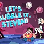 Štyri kreslené postavičky sedia v miestnosti s farebnými kameňmi na stenách a nápisom Lets Bubble It, Steven!