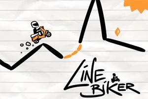 Jazdec na oranžovej motorke skáče cez čierne línie na čiarkovanom pozadí s textom Line Biker dole