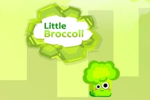 Zelený kreslený brokolicový charakter s veľkými očami na zelenom pozadí s nápisom Little Broccoli