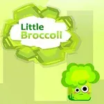 Zelený kreslený brokolicový charakter s veľkými očami na zelenom pozadí s nápisom Little Broccoli