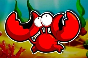 Červený kreslený krab s veľkými klepetami a výraznými očami na podmorskom pozadí so zelenými riasami