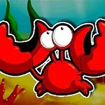Červený kreslený krab s veľkými klepetami a výraznými očami na podmorskom pozadí so zelenými riasami