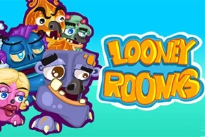 Farebné karikatúrne príšerky s veľkými očami a textom Looney Roonks na modrom pozadí