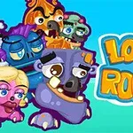 Farebné karikatúrne príšerky s veľkými očami a textom Looney Roonks na modrom pozadí