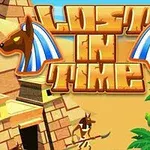 Pyramídy a palmy na púšti s textom Lost in Time nad obrázkom
