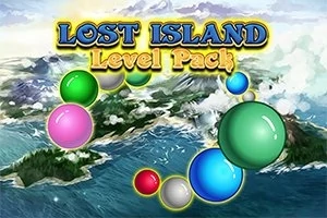 Farebné guľôčky pred obrázkom ostrovov a morského pobrežia s textom „Lost Island Level Pack“