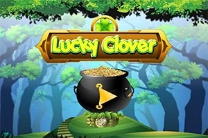 Zelený les s kotlíkom plným zlatých mincí a nápisom Lucky Clover