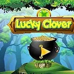 Zelený les s kotlíkom plným zlatých mincí a nápisom Lucky Clover