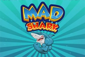 Farebný kreslený žralok s nafúknutými svalmi a obnaženými zubami pod názvom Mad Shark na modrom pozadí s lúčmi
