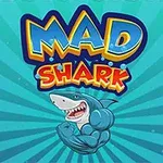 Farebný kreslený žralok s nafúknutými svalmi a obnaženými zubami pod názvom Mad Shark na modrom pozadí s lúčmi