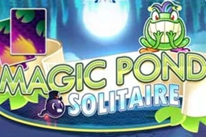 Kreslený žabiak usmievajúci sa na logo Magic Pond Solitaire s lesklou guľou v pozadí