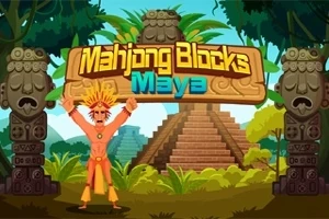 Muž v farebnom oblečení stojí pred mayskou pyramídou, obklopenou džungľou a totemovými stĺpmi, s nápisom Mahjong Blocks Maya