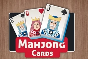 Tri hracie karty s ilustráciami kráľa, dámy a dolníka sú položené na drevenom pozadí nad nápisom Mahjong Cards