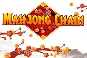 Text „MAHJONG CHAIN“ s kvetinovým motívom na červenom pozadí s kvetinovými vetvami