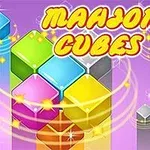 Farebná kocková grafika so slovami MAHJONG CUBES na fialovom pozadí