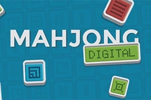 Nápis MAHJONG DIGITAL na modrom pozadí s rôznofarebnými štvorcovými ikonami okolo