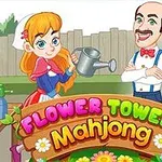 Dve kreslené postavy v záhrade s nápisom „Flower Tower Mahjong“ a okrasnými kvetmi