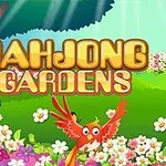 Farebný papagáj medzi kvetmi v záhrade, s nápisom Mahjong Gardens v pozadí