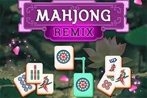 Fialový nápis Mahjong Remix nadmahá špeciálne ozdobené mahjong kocky na tmavom pozadí s ružovými lístkami